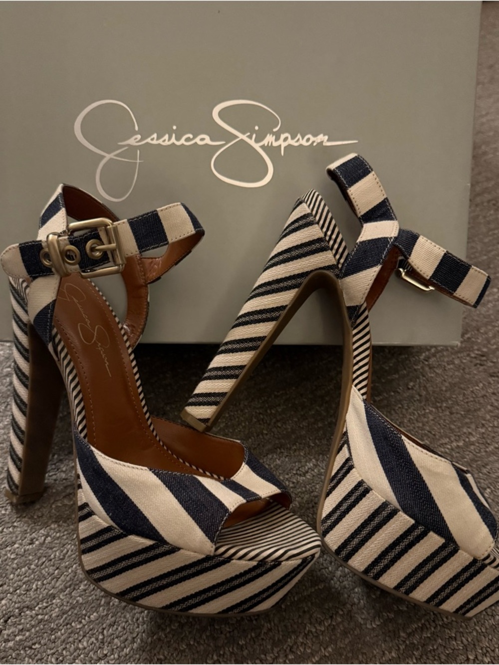 Jessica Simpson Navy and White Striped Platform Heels - Picture 10 of 11